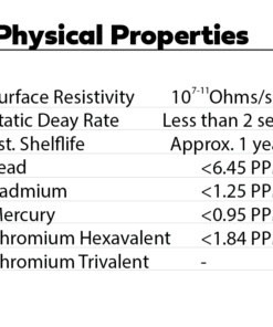 Table showing the physical properties of Malaster antistatic rubber bands, including surface resistivity, static decay rate, estimated shelf life, and ppm levels for lead, cadmium, mercury, chromium hexavalent, and chromium trivalent.