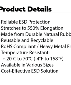 Bullet points showing Malaster ESD Rubber Bands product details: Reliable ESD Protection, Stretches to 550% Elongation, Made from Durable Natural Rubber, Reusable and Recyclable, RoHS Compliant / Heavy Metal Free