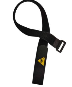Black reusable permanent static dissipative ESD Velcro strap with buckle closure and ESD warning symbol for securing IC trays, IC tubes, and ESD-sensitive materials.