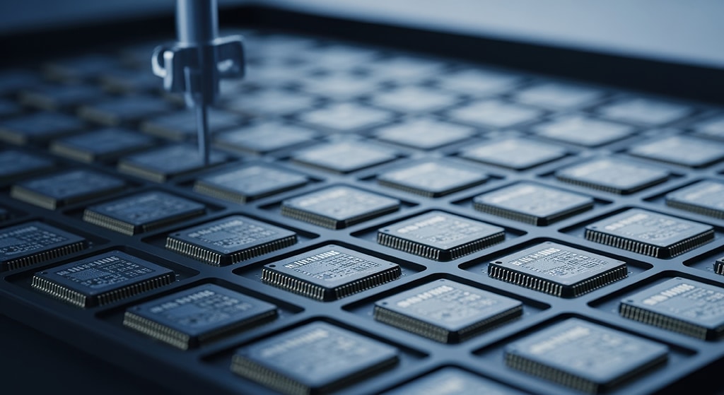 Semiconductor integrated circuits in ESD-safe tray packaging during precision electronics manufacturing process