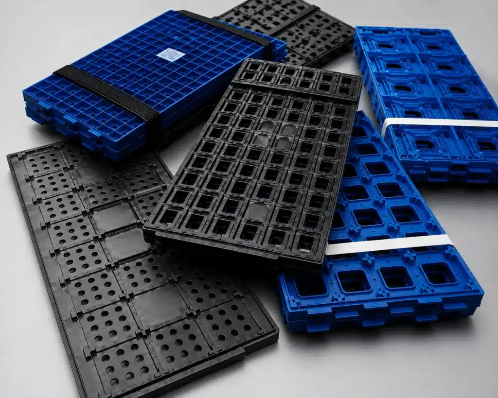 Malaster JEDEC trays for semiconductor and integrated circuit packaging featuring ESD-safe matrix trays for automated handling, storage, and transport of electronic components